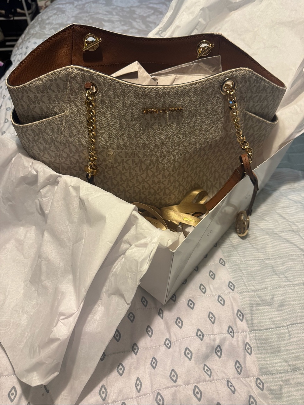 Michael Kors Tan/Beige Signature Logo Tote with Gold Chain Straps